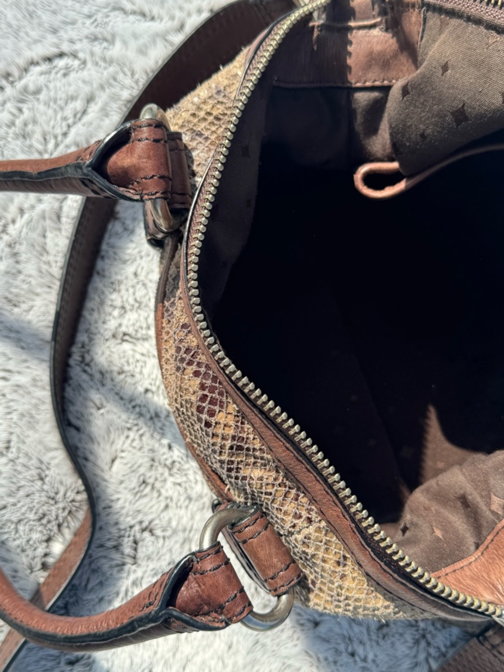 Fossil Brown Snake-Print Satchel with Dark Brown Trim - Picture 4 of 5